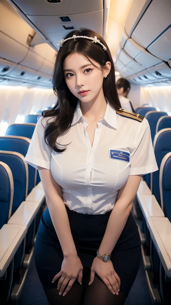 4k, high quality, beautiful lighting, soft lighting, realistic, short black natural hair, red eyes, sexy, big breasts, thick thighs, wide hips, girl in blue and white flight attendant uniform , toned muscles, blue and white flight attendant uniform, ornate decoration, jewelry, natural flowing, hair accessories, (on airplane drill)