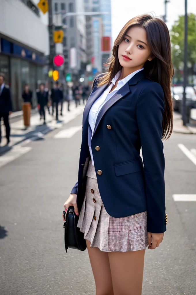 a 16 year old girl, she is the most beautiful actress in the world, the perfect body proportions of this girl, the blazer is firmly closed by it's two buttons, the skin of her upper body with it's large breasts are covered 100% by the shirt that's covered by the blazer, the short skirt below the blazer is hardly hiding the crotch area, her bare thighs, it's only one description of one body, it's from right above her head to right above her feet are just within this frame, all her body is looking forward to viewer, she is standing at the city street, nsfw, best quality, highly detailed, masterpiece, ultra high res, photo realistic, 8k, RAW photo