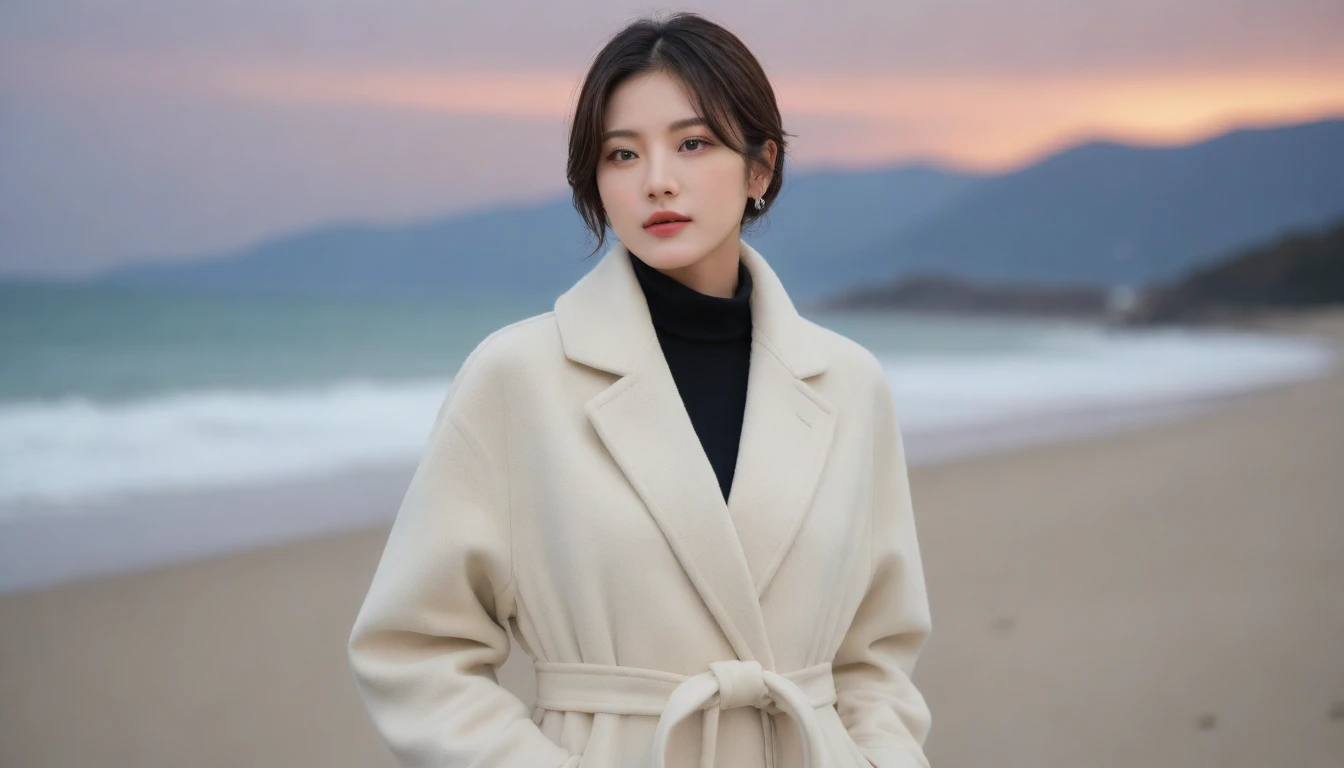 8K, 超high resolution, best quality, masterpiece, surreal, painting,A three-part method, 성숙한 1 woman, (36 years old:1.3), Pretty Woman, Cute face, Beautiful Eyes in Every Detail,Japanese female announcer,(Wearing a winter long coat and scarf that shows the waist、Close-up of thin black double-sided updo:1.5)、(The girl turned around with a very sad expression., Her hair blowing in the wind on a winter beach:1.5)、(blurred background:1.5)、(red sky at sunset:1.5)、(complete anatomy:1.5)、(full hand:1.3)、(full finger:1.3)、realistic、生painting、tabletop、best quality、high resolution、delicate and beautiful、perfect face、beautiful details、fair skin、real human skin、((thin legs))、bold pose,Super cute supermodel、Please look closely at the camera 、vivid details、detailed、surreal、빛과 painting자,strong light,fashion magazine cover,thin lips, Short hair,1 woman, up to the waist