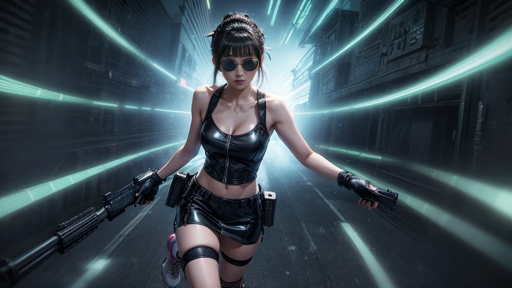 8k, Realistic Skin Texture, Realistic Photo, Neo Tokyo, slim Japanese women, large-breast:1.3 cleavage:1.2, AD2050 at night, Dirty hunting jacket, Wearing tube top, miniskirt, (((black sunglasses, automatic rifle, sneakers, cold, shooting pose, low angle view))), Innovative composition, revenge, cyberpunk, blade runner worldview, Large neon sign, Geisha hologram sign, Strong Wakamoto Sign.