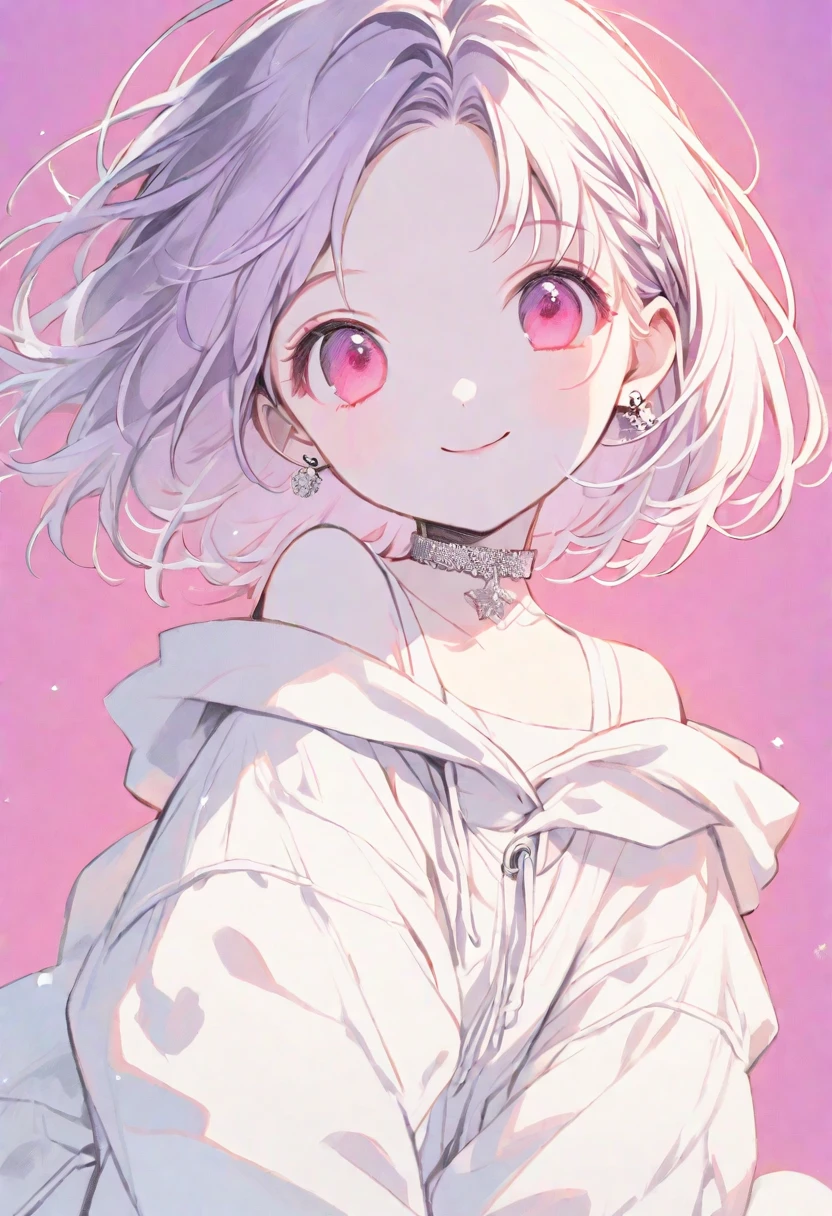 solo, handsome, monotone,
1. Female,
Hime cut,Straight Hair,Bob Hair,
purple hair,
Nakano Yotsuba,
pink Eyes,Soft look,beautiful,beautiful,Sexy,Darkness,Lots of silver earrings,choker,
White Off Shoulder,White Distressed jeans, hoodie ,smile,skin,Summer,
simple background ,
pink background,
