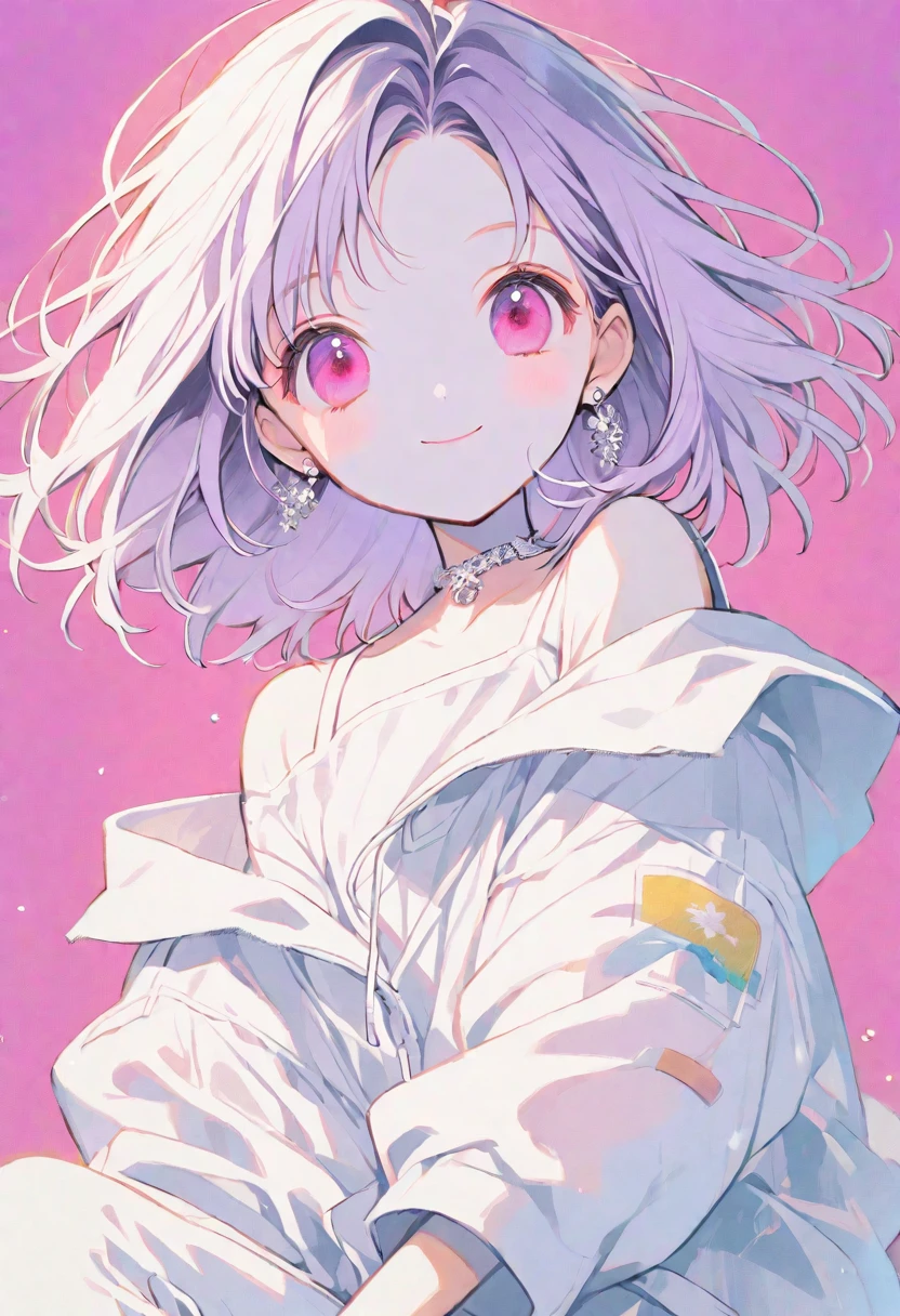 solo, handsome, monotone,
1. Female,
Hime cut,Straight Hair,Bob Hair,
purple hair,
Nakano Yotsuba,
pink Eyes,Soft look,beautiful,beautiful,Sexy,Darkness,Lots of silver earrings,choker,
White Off Shoulder,White Distressed jeans, hoodie ,smile,skin,Summer,
simple background ,
pink background,