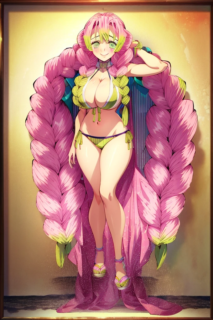 (masterpiece, best quality),  intricate details,
MitsuriKanroji, kanroji mitsuri, 1girl, solo, long hair, winking, green eyes, pink hair, green hair, twin braids, smile, cute smile, blushed smile, blush, blushing, large breast, huge breasts, bikini top, collarbone, neck, bare shoulders, yellow bikini top, cleavage, full body, long legs, cowboy shot, plain background, white background, photoshoot, perfect shot, perfect framing, full body shot, hands behind head, standing 