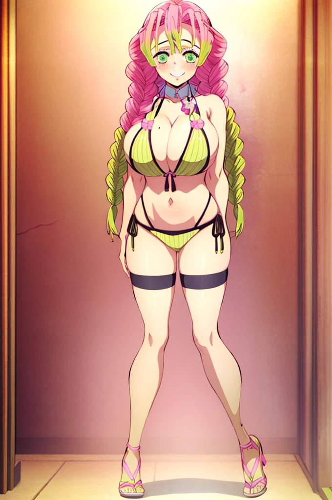 (masterpiece, best quality),  intricate details,
MitsuriKanroji, kanroji mitsuri, 1girl, solo, long hair, winking, green eyes, pink hair, green hair, twin braids, smile, cute smile, blushed smile, blush, blushing, large breast, huge breasts, bikini top, collarbone, neck, bare shoulders, yellow bikini top, cleavage, full body, long legs, cowboy shot, plain background, white background, photoshoot, perfect shot, perfect framing, full body shot, hands behind head, standing 