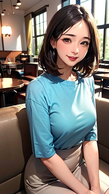 1 Woman, Japanese Woman,(Housewife:1.5),(40 Years Old:1.68),(Attractive Mature Woman:1.66),(Middle Age:1.78),(Small Round Face:1,69),(small breasts:1.2),((graduated haircut)),Casual, simple blouse,V-neckline,knee-length skirt, blouse in bright colors,pastel shades,(((cafe interior,in room))),(laugh:1.4),