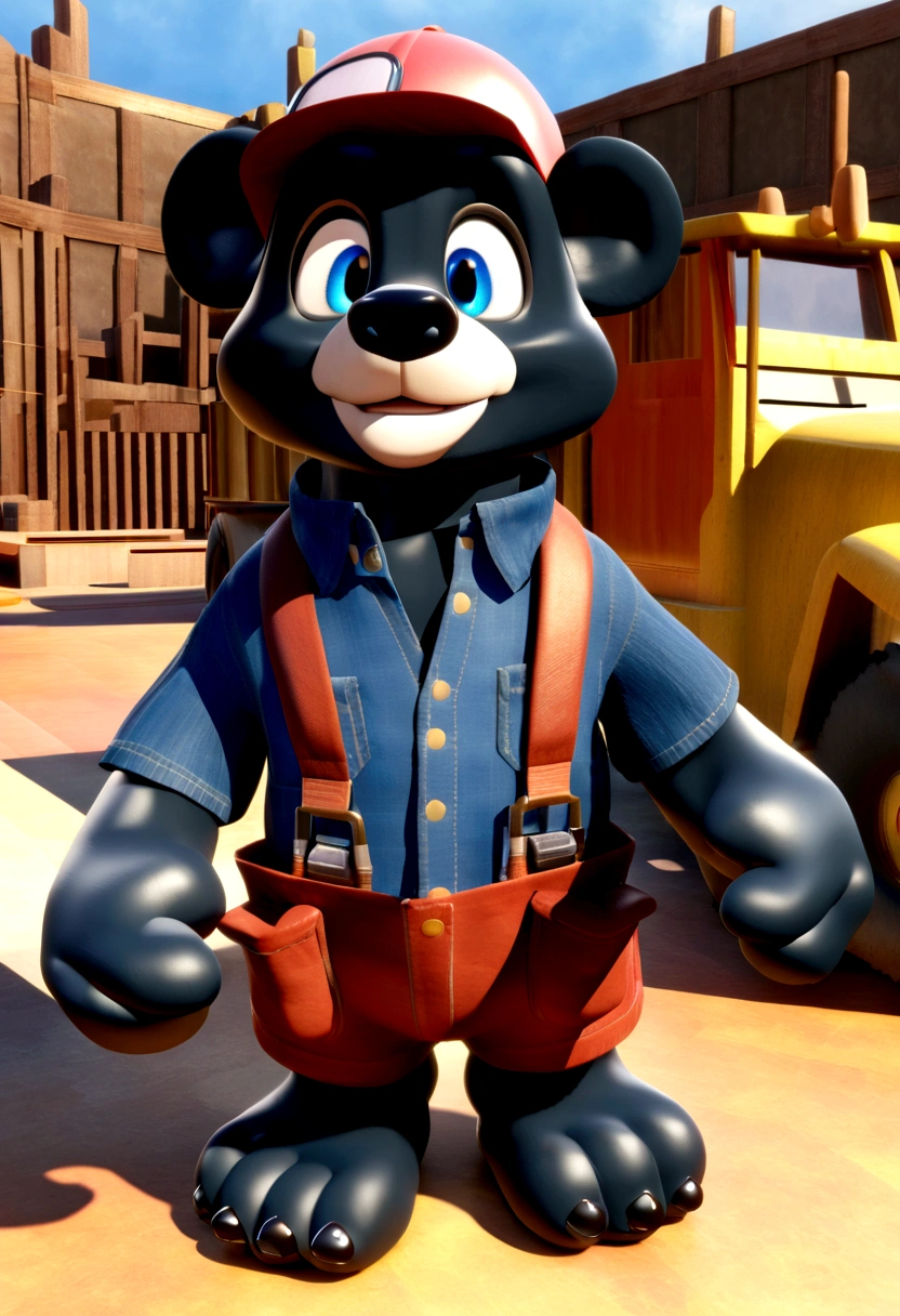 a Disney Pixar movie poster showing a friendly medium sized black bear smiling. The black bear is dressed as a handyman and is very furry. The black bear also has a bright blue collar around its neck and has colored eyes. The black bear is waving its hand. The background is white. 3D-rendering