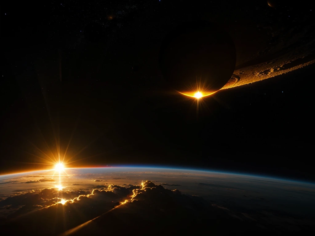 Creates very bright sun in space, black space background. The sun emits sound waves.