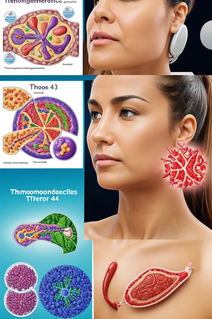 Create an image that illustrates how the hormones T4 and T3 affect different processes in the human body. Includes elements such as the thyroid gland, T4 and T3 molecules, cells with hormone receptors, and metabolic processes such as regulation of metabolism and body temperature. Be sure to clearly represent the interaction of these hormones with the relevant physiological systems.