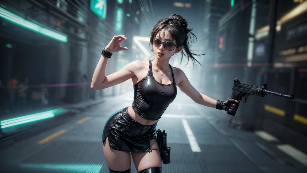 8k, Realistic Skin Texture, Realistic Photo, Neo Tokyo, slim Japanese women, large-breast:1.3 cleavage:1.2, AD2050 at night, Dirty hunting jacket, Wearing tube top, miniskirt, (((black sunglasses, automatic rifle, sneakers, cold, shooting pose, low angle view))), Innovative composition, revenge, cyberpunk, blade runner worldview, Large neon sign, Geisha hologram sign, Strong Wakamoto Sign.