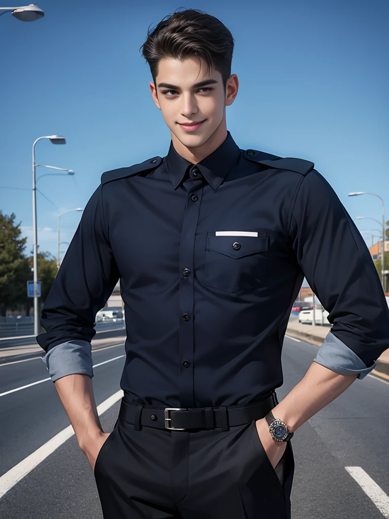 Handsome young man smiling,no beard,Approximately 26 years old,A deep and charming face,Navy Police Uniform,black pants,High quality,Details of the road backdrop