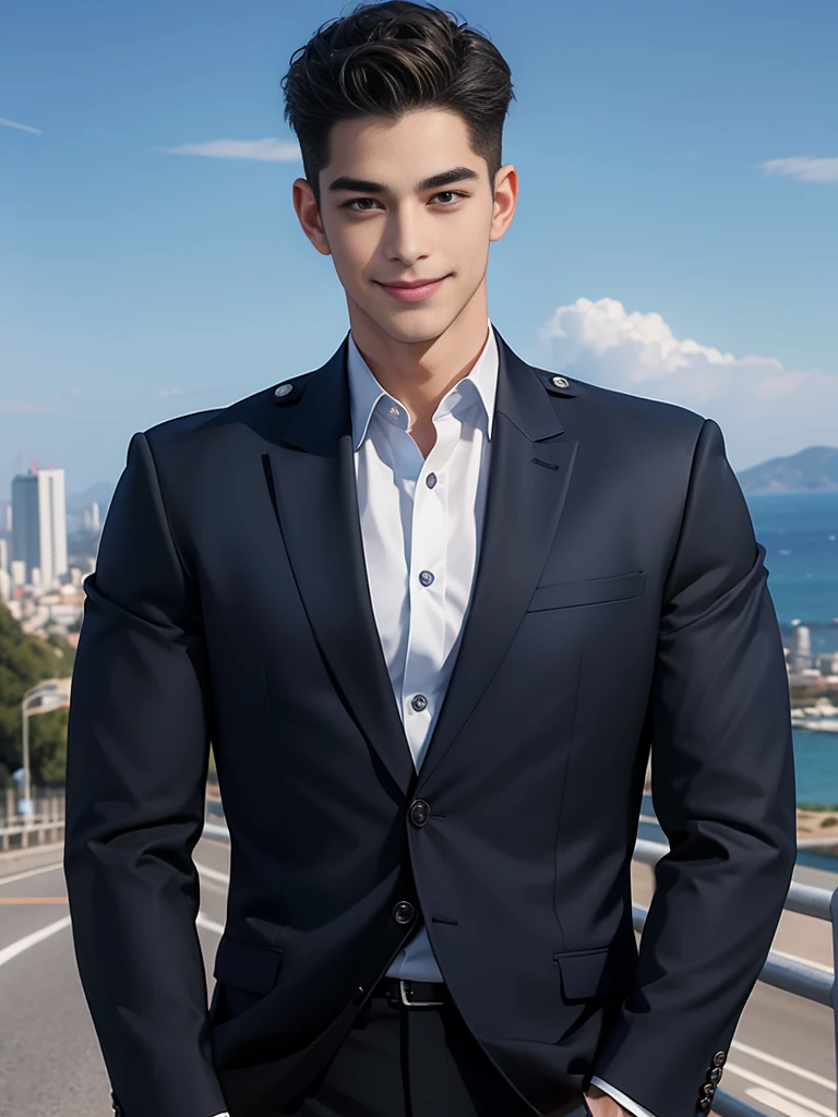 Handsome young man smiling,no beard,Approximately 26 years old,A deep and charming face,Navy Police Uniform,black pants,High quality,Details of the road backdrop