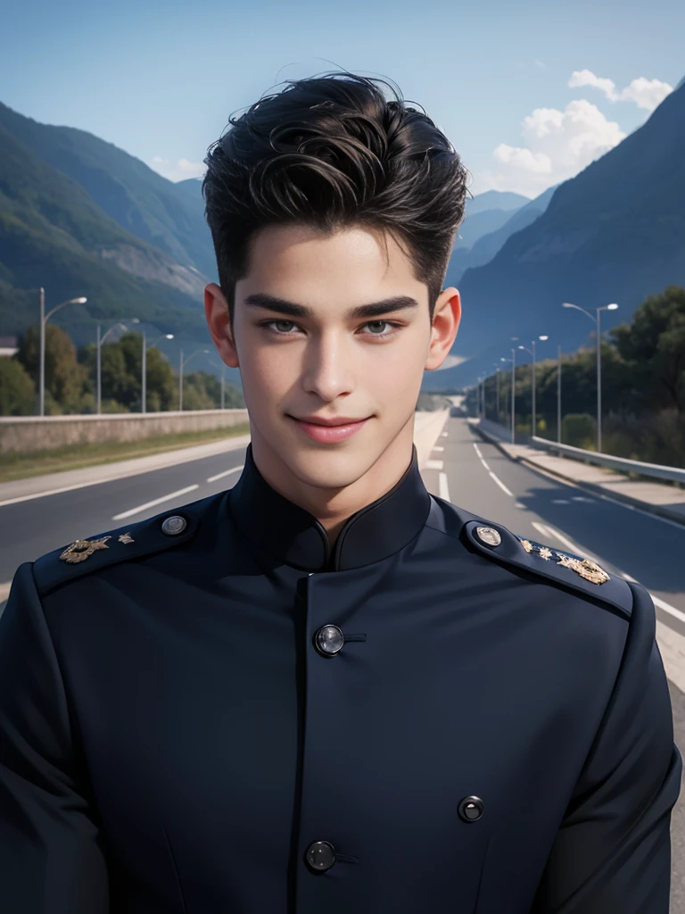 Handsome young man smiling,no beard,Approximately 26 years old,A deep and charming face,Navy Police Uniform,black pants,High quality,Details of the road backdrop