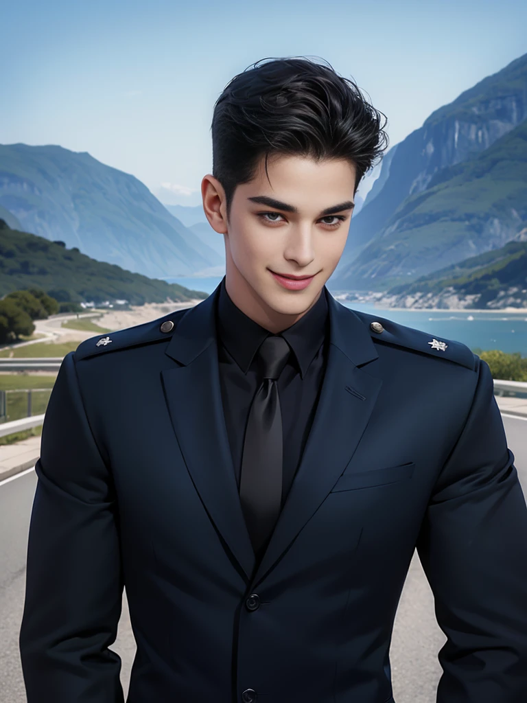 Handsome young man smiling，no beard，Approximately 26 years old，A deep and charming face，Navy Police Uniform，black pants，High quality，Details of the road backdrop