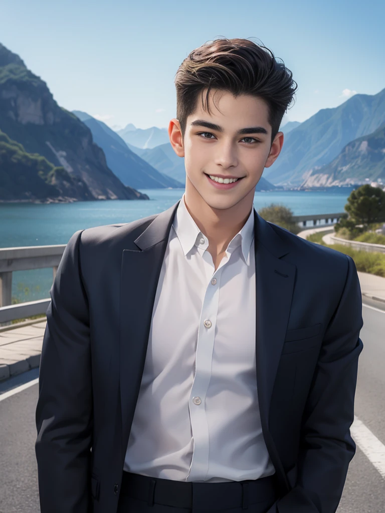 Handsome young man smiling，no beard，Approximately 26 years old，A deep and charming face，Navy Police Uniform，black pants，High quality，Details of the road backdrop