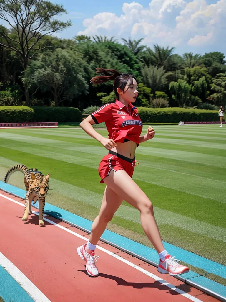 Beautiful Lienhua female, wearing sporty versace outfits, running from crocodile, run for his life.
