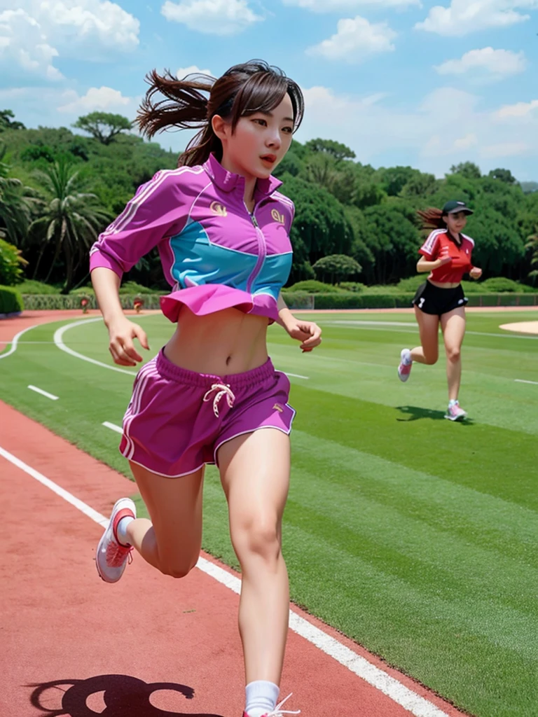 1 girl, solo, running, Gray Track Top, pink shorts, ponytail, athletic build, dynamic brushstrokes, fluid movement, capturing the essence of her athleticism and energy, using light colors and soft tones to create a dreamy and ethereal atmosphere, portraying the motion and grace of running, showing the wind blowing her ponytail and clothes, and the scenery of her surroundings.
outdoors, detailed background, Modern metropolis,