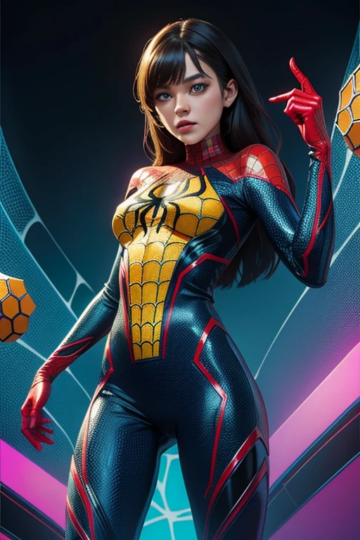 Spider-Girl из комиксов Marvel, Masterpiece, Best Quality, abstract, Psychedelic, Neon, (honeycomb pattern), (creative:1.3), Sy3, SMM, fantasy00d