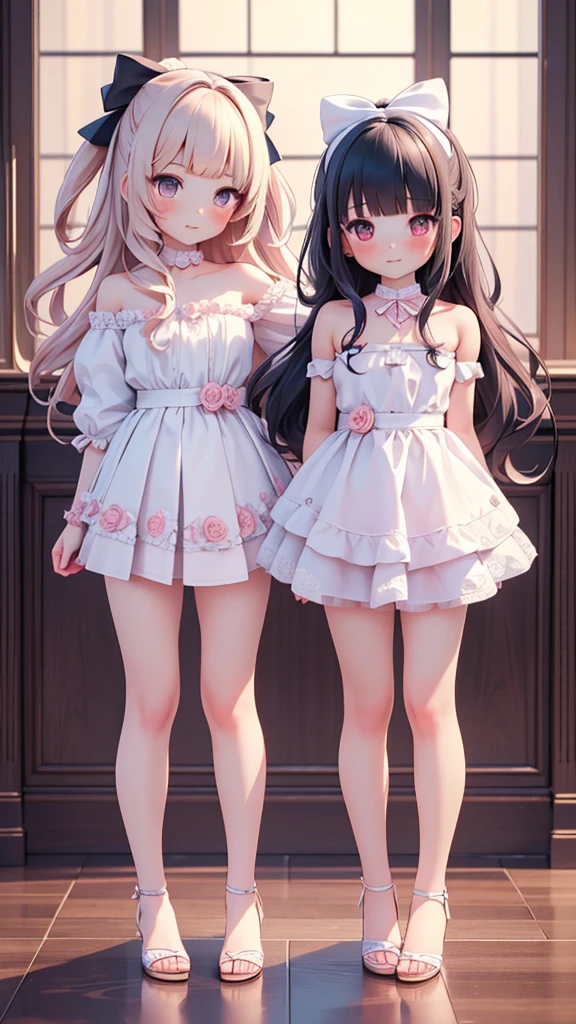 ((bishojo)), ((jk, 2 girls)), ((masterpiece)), (best quality), ((ultra detailed)), (exquisite), (depth), (crisp), (8k), (beautiful and aesthetic), (super detailed skin), ((high standard)), ((highres)), (perfect anatomy), ((full body)), (blush), (bare foot), (((wariza))), (lace strapless clothes), (blunt bangs), ((big bow in hair)), (yuri), (perfect hands)