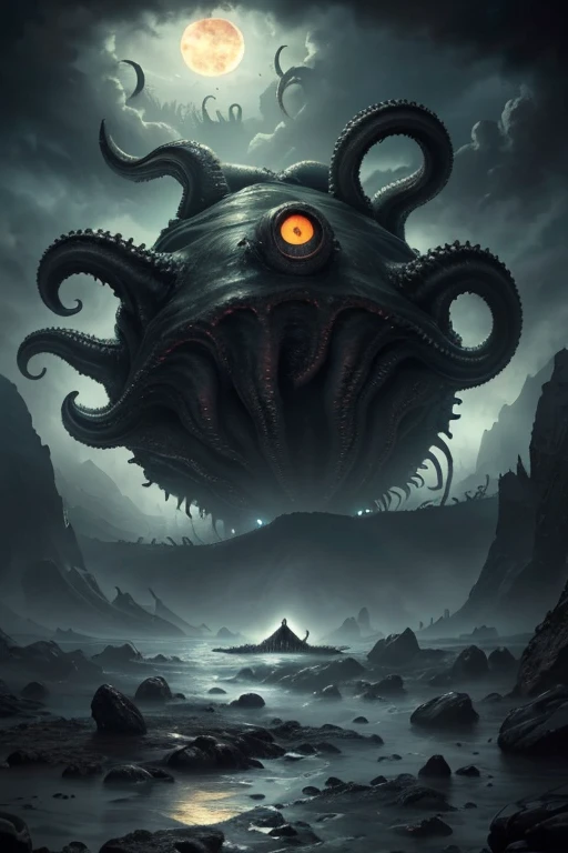 ((masterpiece, best quality, Highest image quality, high resolution, Reality, RAW photos, 8K)), People take photos of giant creatures with their cellphones,Gray abyss sky, Lovecraftian atmosphere, Giant Cthulhu Eye,  Rotating black vortex，The rotating bloody sun，Lovecraftian background，Giant Tentacles, An ominous fantasy illustration, Vaguely visible long, Lovecraftian Landscape, 