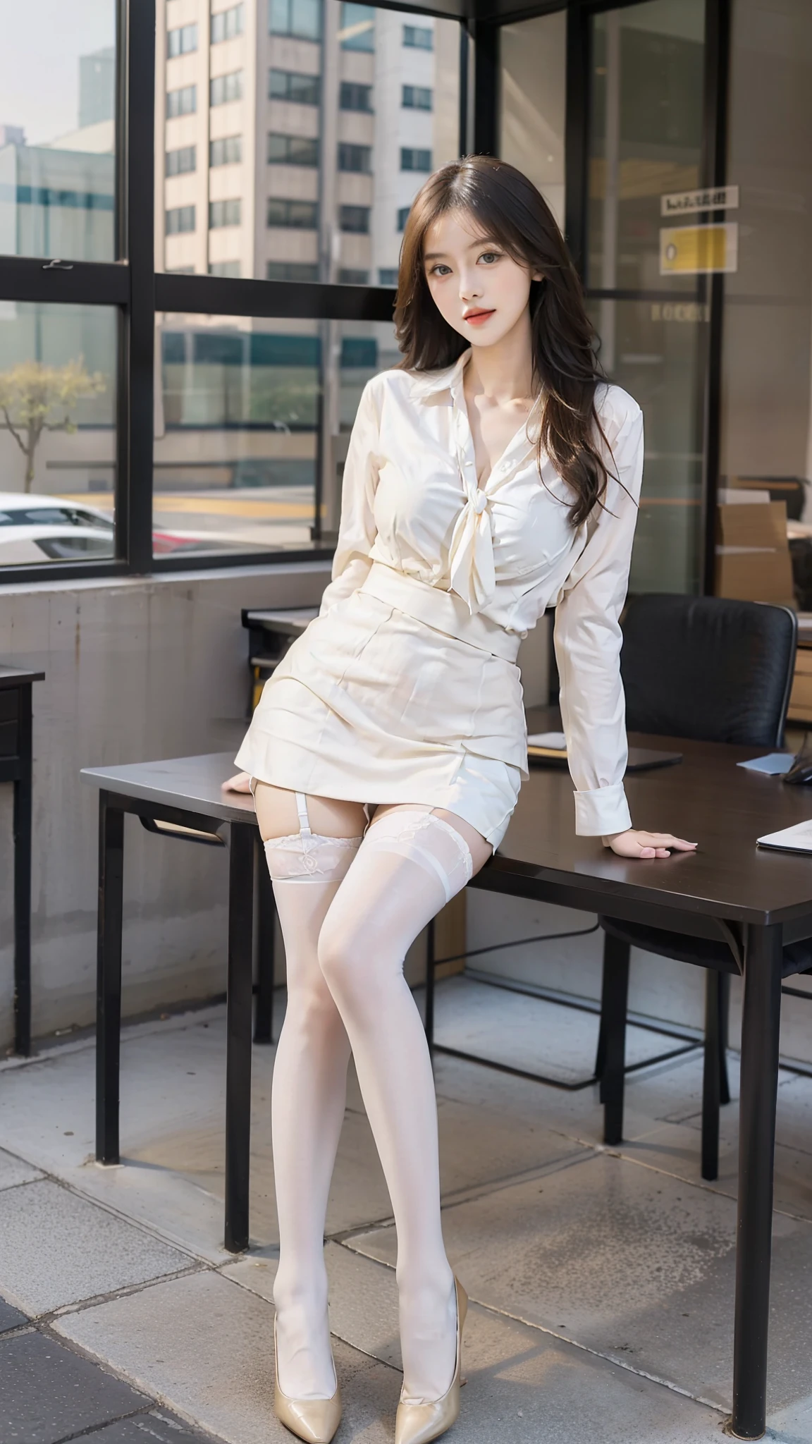 best qualtiy, Full body like,Refined face,A pair of smart eyes,pretty face,25 years old woman,slimfigure,Larger bust,office lady uniform,Office wear,white stockings,Outdoor scene,Sit Pose,yellow long hair