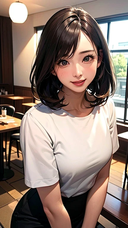 1 Woman, Japanese Woman,(Housewife:1.5),(40 Years Old:1.68),(Attractive Mature Woman:1.66),(Middle Age:1.78),(Small Round Face:1,69),(small breasts:1.2),((graduated haircut)),Casual, simple blouse,V-neckline,knee-length skirt, blouse in bright colors,pastel shades,(((cafe interior,in room))),(laugh:1.4),