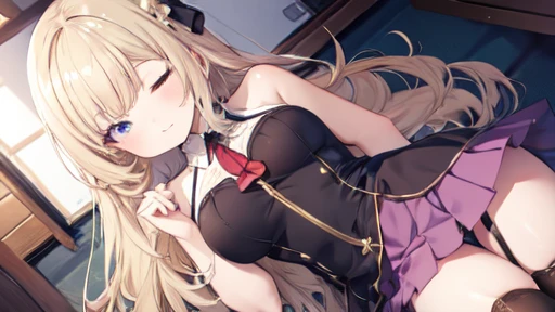 floor、Short skirt,Clothes with intricate details,Bright,Swimsuit,one person,blond,Sexy、Deep sleep、long hair、Stockings