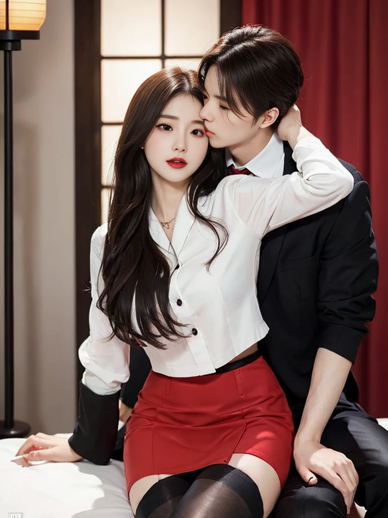 (Korean young woman)，(RAW photogr:1.3)，Extremely beautiful，(in a ryokan)，(leaning on a man:1.2)，(Kiss a man:1.3)，(being touched by a man:1.5)，(Being taken from behind by a man)，（（（tmasterpiece）））， （（Best quality））， （（intricately details））， （（hyper realisitc））， Ridiculous resources， Moro Liberation Front，(expressed:1.2)， ， Very meticulous， lighting ig charming:1.1)， （（big quote)，(violence:1.1)，，White skin of the，Full of color，sexually attractive，a slender waist，pretty legs，(Perfect leg line)，hip  cocked，Wide hips，(perfect hand)， detailed finger， beautidful eyes， Wavy curly hair，with brown eye， business card， CEO，(Red pencil skirt:1.2)，(Black stockings:1.3)，detailedbackground， perfect  eyes，Confused eyes，The mouth opens slightly，
