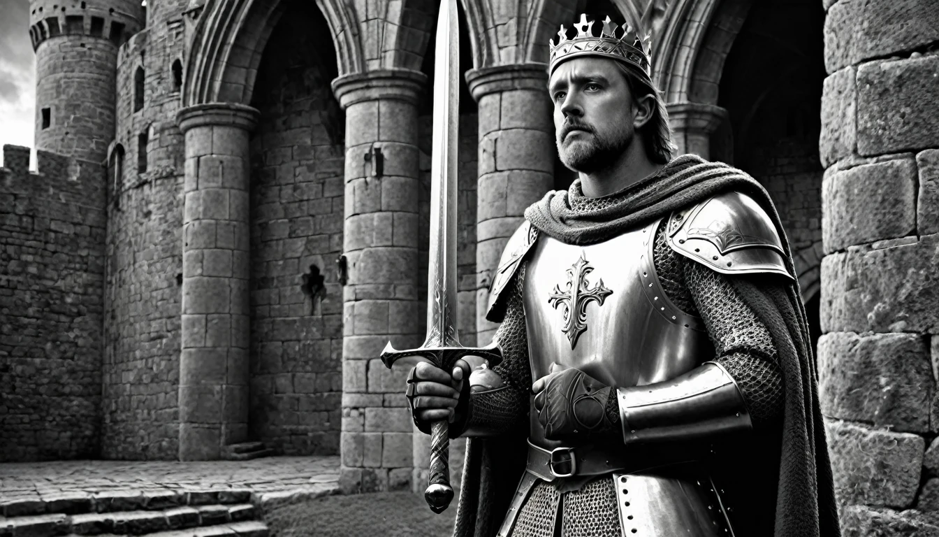 Rey Arturo
"Create a hyperrealistic, grayscale, high-definition image of King Arthur holding Excalibur, standing in a medieval castle. Arthur should be dressed in royal armor, with detailed engravings. The background should include elements of Camelot, with banners and stone walls. Use dramatic lighting to emphasize the nobility and mystique of Arthur."