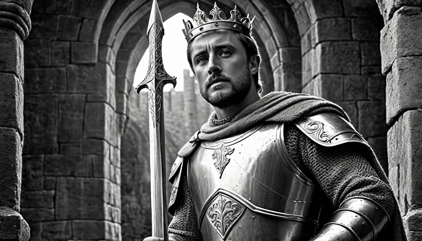Rey Arturo
"Create a hyperrealistic, grayscale, high-definition image of King Arthur holding Excalibur, standing in a medieval castle. Arthur should be dressed in royal armor, with detailed engravings. The background should include elements of Camelot, with banners and stone walls. Use dramatic lighting to emphasize the nobility and mystique of Arthur."