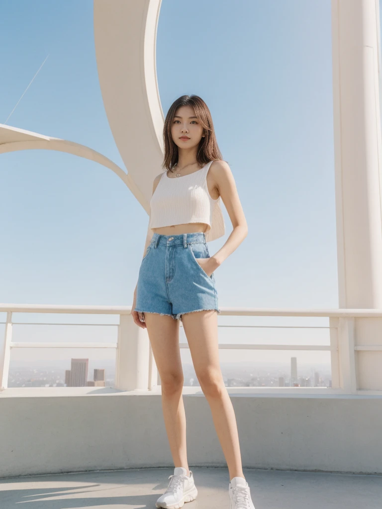 her name is Asako, high quality, 1girl, ((20-year-old fit Caucasian woman)), ((20 years old)), ((slim)), ((Hime Cut)), pose: standing, wearing stylish fashionable Generation-Z modern wear PASTEL colored, BACKGROUND: At the Griffith Observatory, with panoramic views of the city skyline and the Hollywood Sign.