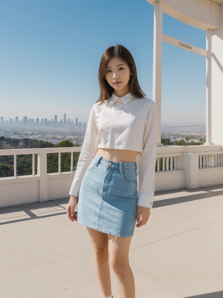 her name is Asako, high quality, 1girl, ((20-year-old fit Caucasian woman)), ((20 years old)), ((slim)), ((Hime Cut)), pose: standing, wearing stylish fashionable Generation-Z modern wear PASTEL colored, BACKGROUND: At the Griffith Observatory, with panoramic views of the city skyline and the Hollywood Sign.