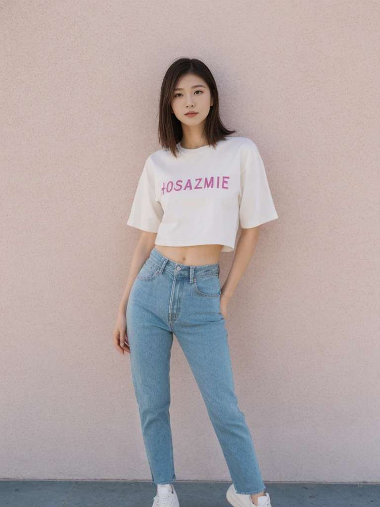 her name is Asako, high quality, 1girl, ((20-year-old fit Caucasian woman)), ((20 years old)), ((slim)), ((Hime Cut)), pose: standing, wearing stylish fashionable Generation-Z modern wear PASTEL colored, BACKGROUND: At the Griffith Observatory, with panoramic views of the city skyline and the Hollywood Sign.