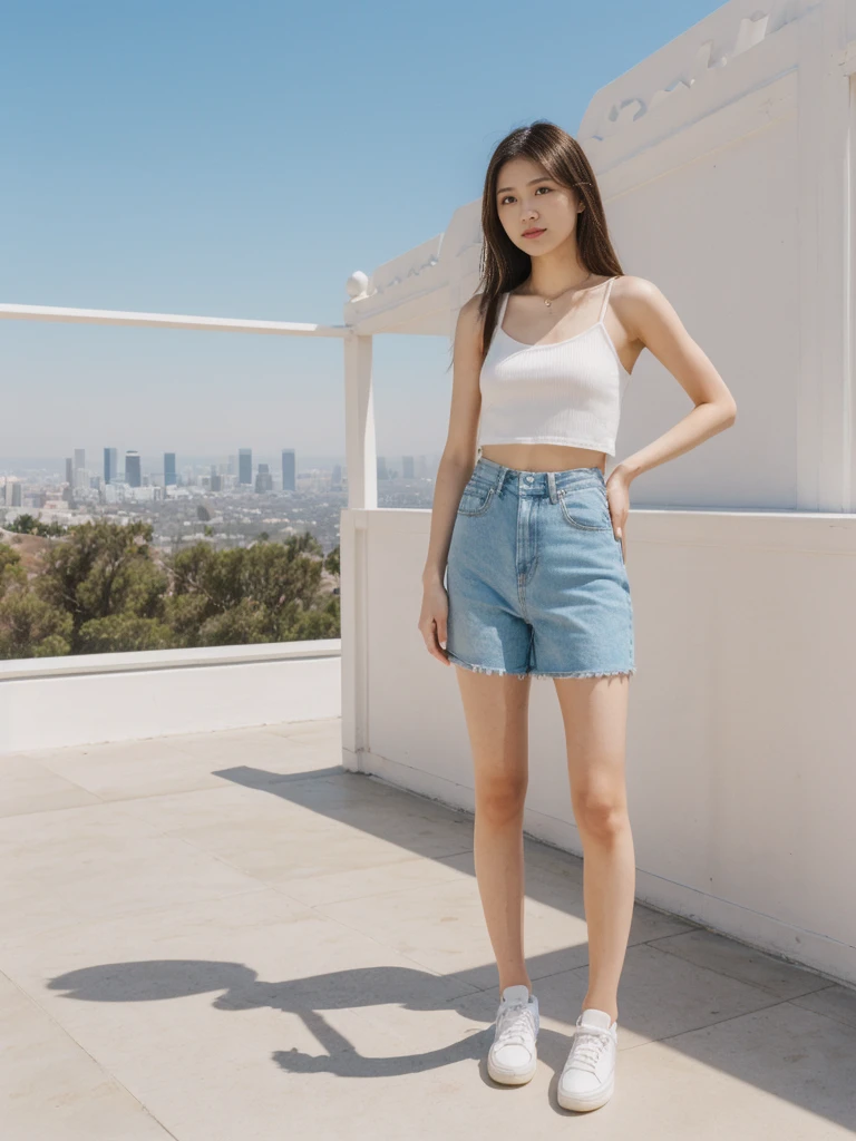 her name is Asako, high quality, 1girl, ((20-year-old fit Caucasian woman)), ((20 years old)), ((slim)), ((Hime Cut)), pose: standing, wearing stylish fashionable Generation-Z modern wear PASTEL colored, BACKGROUND: At the Griffith Observatory, with panoramic views of the city skyline and the Hollywood Sign.