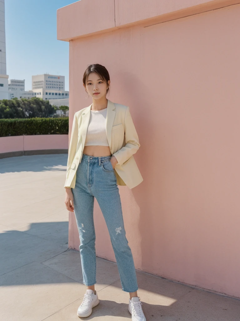 her name is Asako, high quality, 1girl, ((20-year-old fit Caucasian woman)), ((20 years old)), ((slim)), ((Hime Cut)), pose: standing, wearing stylish fashionable Generation-Z modern wear PASTEL colored, BACKGROUND: At the Griffith Observatory, with panoramic views of the city skyline and the Hollywood Sign.