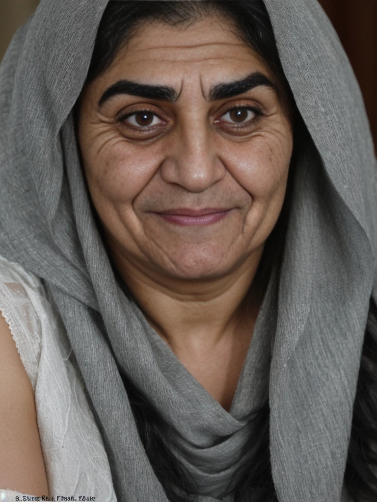 her name is Fatima, a middle-aged Kuwaiti woman, (((thick eyebrows))), (((snub nose))), (30 years old), (wrinkles), (ugly_face:1.6), 1girl, solo, (black long hair), grainy, amateur photo, smile