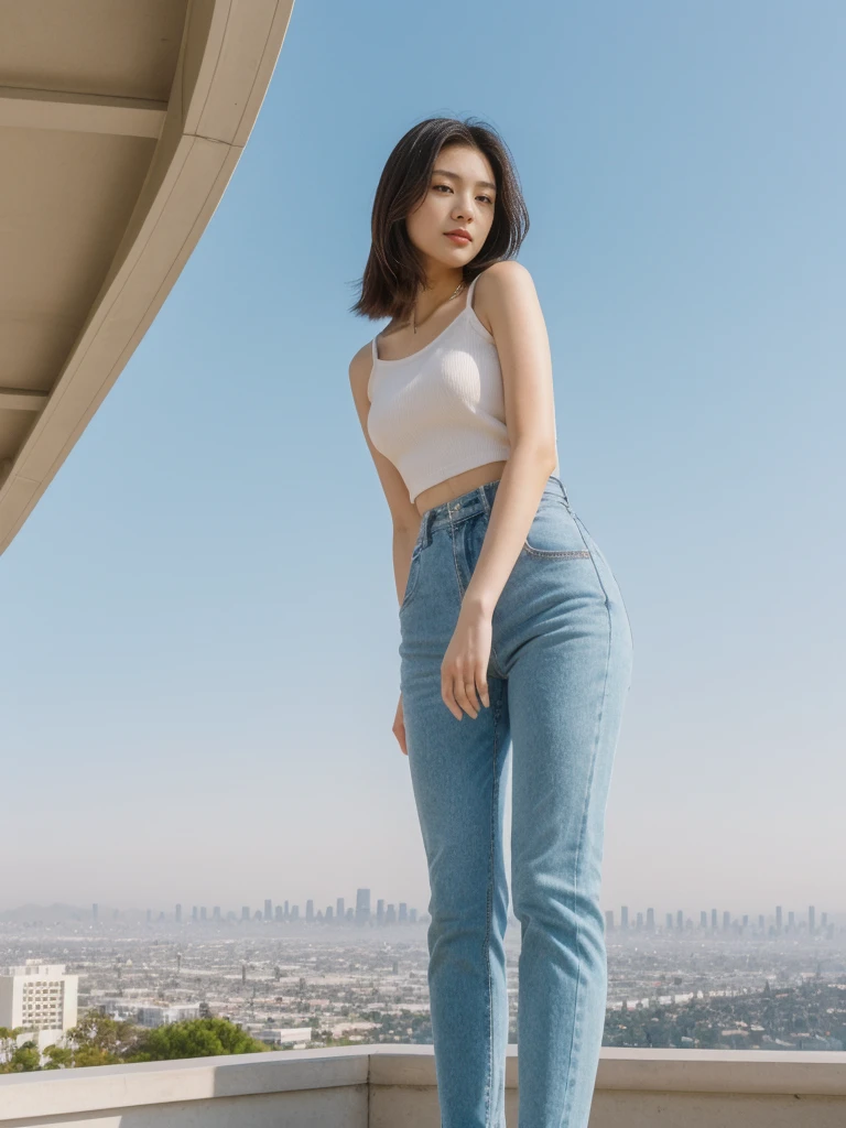 her name is Asako, high quality, 1girl, ((20-year-old fit Caucasian woman)), ((20 years old)), ((slim)), ((Hime Cut)), pose: standing, wearing stylish fashionable Generation-Z modern wear PASTEL colored, BACKGROUND: At the Griffith Observatory, with panoramic views of the city skyline and the Hollywood Sign.