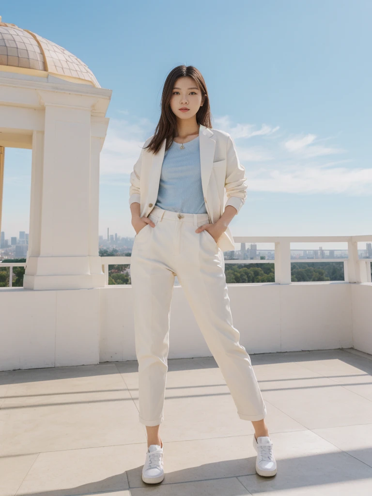 her name is Asako, high quality, 1girl, ((20-year-old fit Caucasian woman)), ((20 years old)), ((slim)), ((Hime Cut)), pose: standing, wearing stylish fashionable Generation-Z modern wear PASTEL colored, BACKGROUND: At the Griffith Observatory, with panoramic views of the city skyline and the Hollywood Sign.