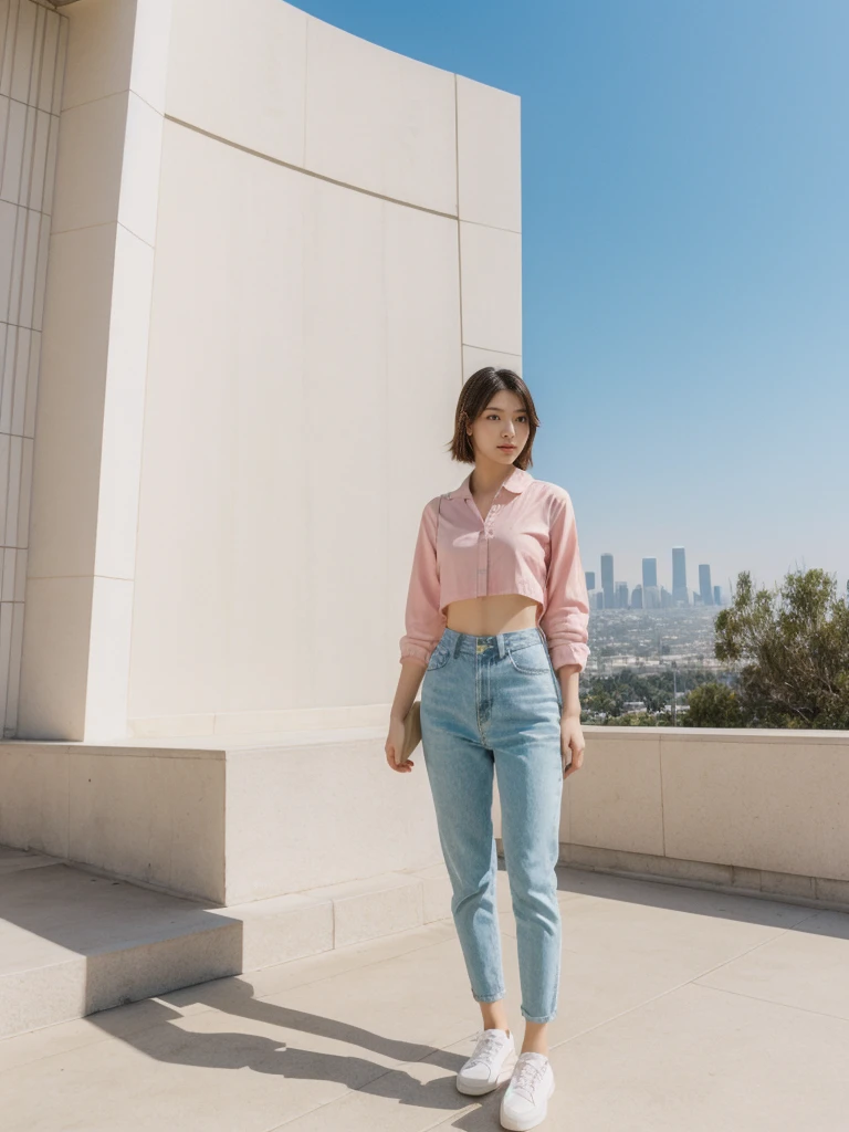her name is Asako, high quality, 1girl, ((20-year-old fit Caucasian woman)), ((20 years old)), ((slim)), ((Hime Cut)), pose: standing, wearing stylish fashionable Generation-Z modern wear PASTEL colored, BACKGROUND: At the Griffith Observatory, with panoramic views of the city skyline and the Hollywood Sign.