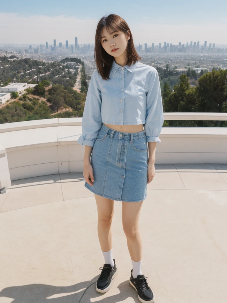 her name is Asako, high quality, 1girl, ((20-year-old fit Caucasian woman)), ((20 years old)), ((slim)), ((Hime Cut)), pose: standing, wearing stylish fashionable Generation-Z modern wear PASTEL colored, BACKGROUND: At the Griffith Observatory, with panoramic views of the city skyline and the Hollywood Sign.