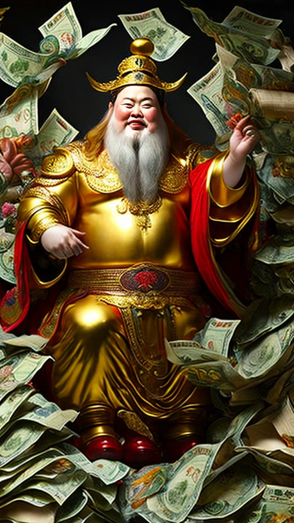Zhao Gongming, the God of Wealth,Realistic,Surrounded by money,Falling into the cornucopia,Gold coins flying all over the sky,