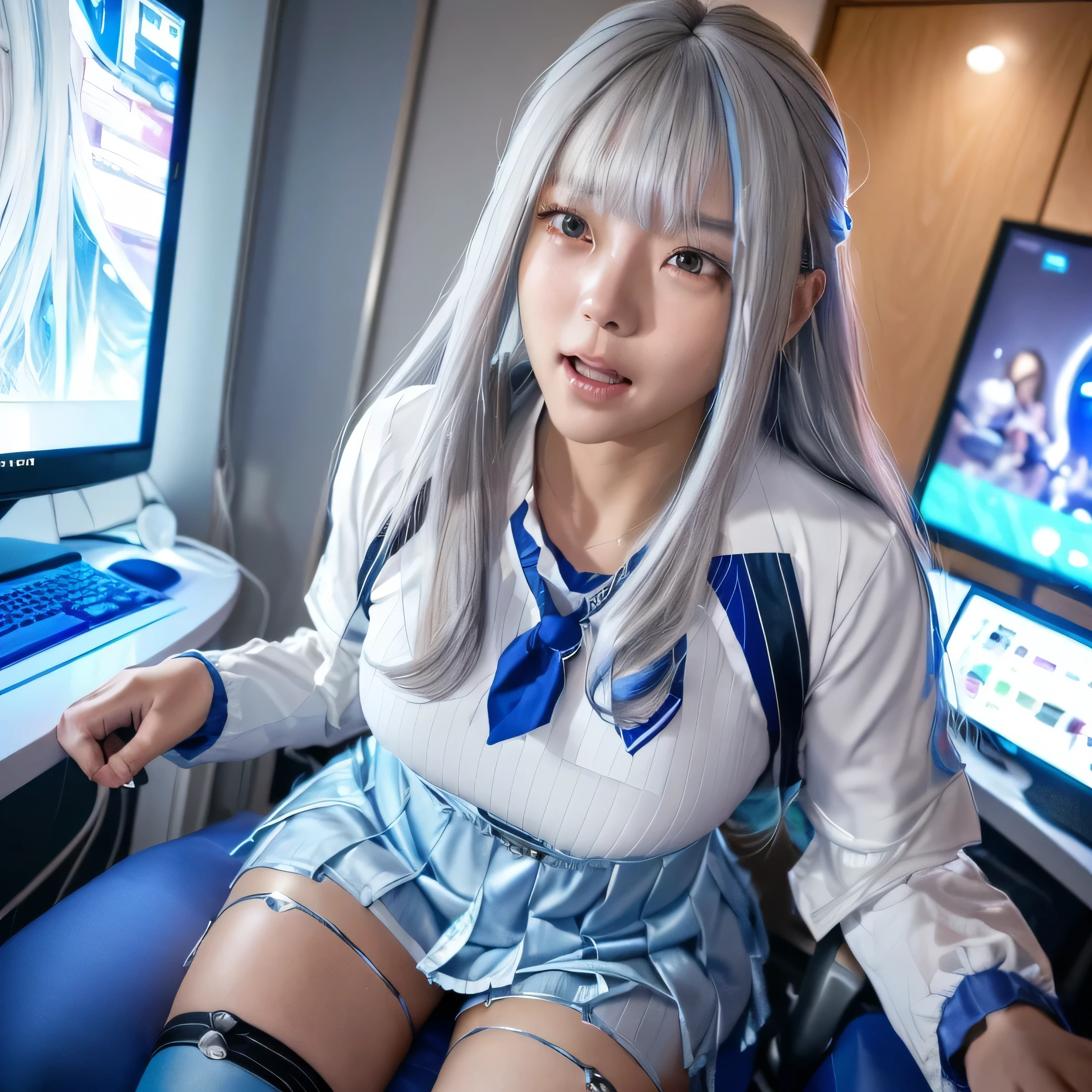 ,(((Liz Hellesta))),gameroomconcept,PC Desk,((Gaming Chair)),Pay,Game Controller,keyboard,((Looking at the smartphone in his hand)),vtuber,Game Now Streaming,((White Delivery Room)),(Liz HellestaHair),((Dressed seriously)),(((Do not expose breasts))),masterpiece, Highest quality, beautiful,(1 female), Liz Hell,cameltoe,(Straight gray straight hair,((bangs)),((Beautiful Japanese girl face)),Thin face,Beautiful female face,Precise depiction,Excellent costume design, charm, (real chest), (8k Full Body RAW Photo), (Highly detailed skin: 1.2), ((Oily skin)),smile, Highly detailed face, ((Grey Hair)),fine grain, ((Sweaty body)), (((Oily skin))),Inside the room,1 Girl,Open your mouth,(((Open your eyes))),(((View your viewers))),(((Open your eyes))),(((Open your eyes))),(((Wide pelvis))),(((Very muscular and thick thighs Veins,))),Thigh gap,Shiny thighs.(((Narrow waist))),(Realistic:1.0),Front view,1girl,lh1, (((White panties))),cameltoe,Hair Ornament Net、Long Hair、Long sleeve、Pleated skirt、((Blue thigh-high socks in silk fabric))、((手链))、Blue pleated mini skirt、((White jacket, cotton material))、(tight white shirt)、Blue Skirt、(Metallic black thigh straps),(((Front view))),Focused on PC gaming,((Open your mouth)),Showing teeth,Constricted eyes,