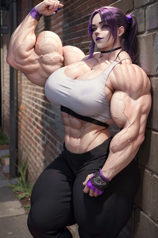 ((((Massive, beautiful, buff, pale white skinned woman with violet purple hair, black lipstick, ginormous bulky muscles, leaning on a wall and wearing a black sports bra with jogging pants)))), ((close-up view)), massive muscles, massive biceps, hyper muscle shoulders, massive muscle arms, vascular shoulders, hyper muscle triceps, long hair with long bangs, black eyes, choker, sneakers, (in a gritty alley at night), long fingerless gloves, (evil smile), hyper vascular arms, hyper muscles arms, hyper muscle legs, massive arms
