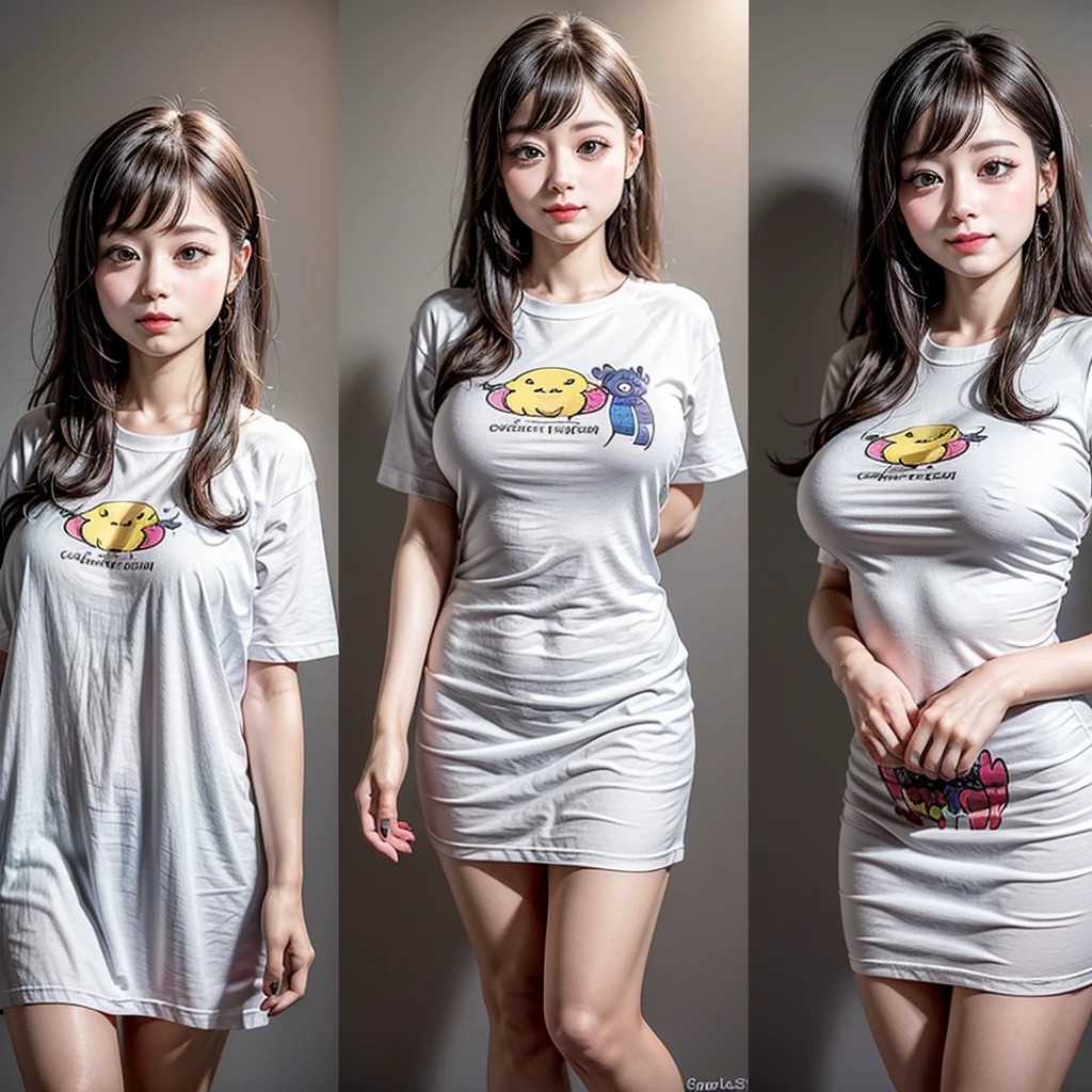 White and Bright Red, (Masterpiece 8K TopQuality:1.2) (ProfessionalPhoto:1.37) ExtremelyDetailed (((FullBody, KAWAII girl with HUGE boobs:1.37)) in (WHITE cotton T-shirt dress:1.28) with (LifeSize her Rialistic portrait printed on it:1.37)) detailed (Delicate cotton textures) ((Studio Dark GRAY Background) with (Oodles Dazzling Neon Color Particles:1.32))  BREAK  (((NOGIZAKA FaceVariations))), Extremely Detailed (very KAWAII Face), Childish CaptivatingGaze Stunning ParfectEyes ElaboratePupils with (SparklingHighlights:1.28), DoubleEyelids with (Detailed Voluminous LongEyelashes:0.88), Small GlossyRedLips with BeautifulDetails, CoquettishTongue, PUNIPUNI RosyCheeks, Radiant PearlSkin with Transparency, Glowing DowneyHair . { (Dynamic Joyful expressions LifeLike Rendering:1.4) | (:d) }, (large eyes:-1) . 