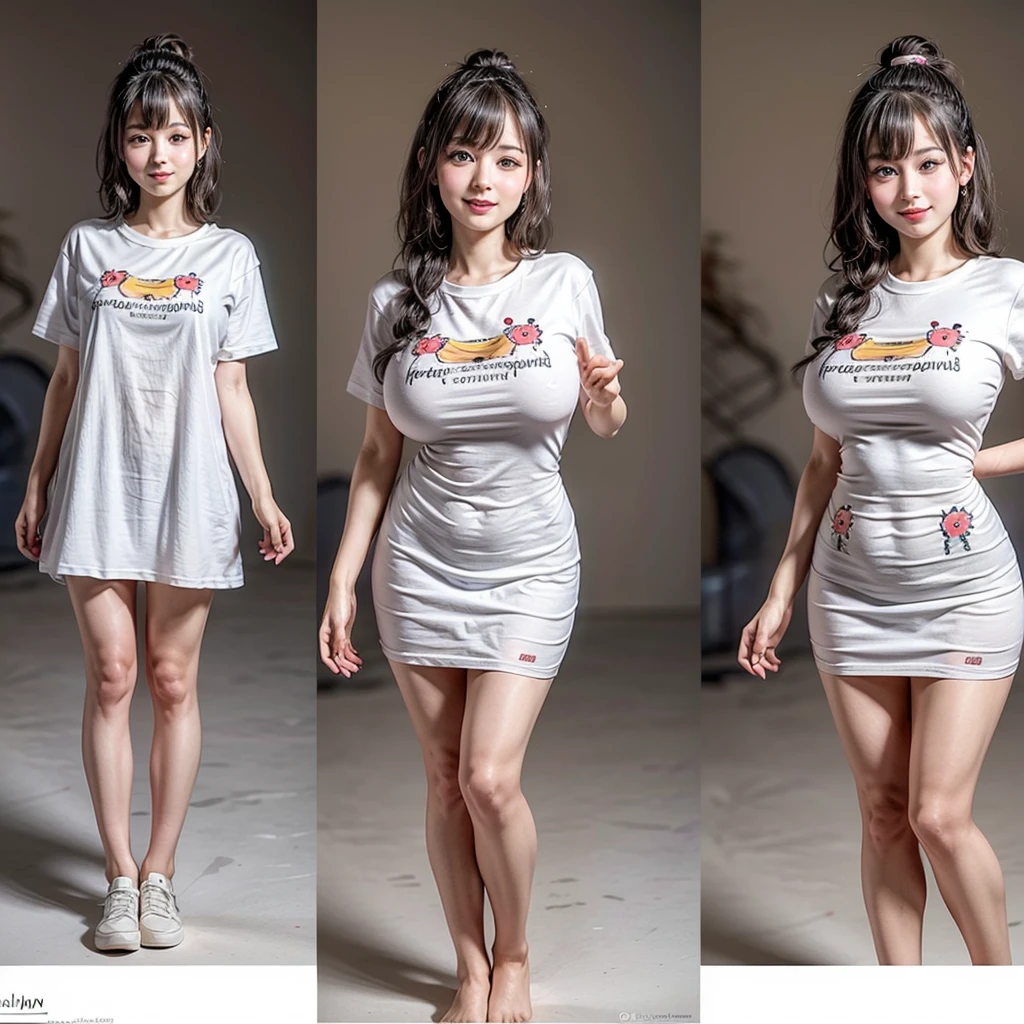 White and Bright Red, (Masterpiece 8K TopQuality:1.2) (ProfessionalPhoto:1.37) ExtremelyDetailed (((FullBody, KAWAII girl with HUGE boobs:1.37)) in (WHITE cotton T-shirt dress:1.28) with (LifeSize her Rialistic portrait printed on it:1.37)) detailed (Delicate cotton textures) ((Studio Dark GRAY Background) with (Oodles Dazzling Neon Color Particles:1.32)) BREAK (((NOGIZAKA FaceVariations))), Extremely Detailed (very KAWAII Face), Childish CaptivatingGaze Stunning ParfectEyes ElaboratePupils with (SparklingHighlights:1.28), DoubleEyelids with (Detailed Voluminous LongEyelashes:0.88), Small GlossyRedLips with BeautifulDetails, CoquettishTongue, PUNIPUNI RosyCheeks, Radiant PearlSkin with Transparency, Glowing DowneyHair . { (Dynamic Joyful expressions LifeLike Rendering:1.4) | (:d) }, (large eyes:-1) .