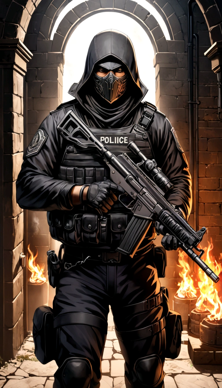 A police officer with a super detailed face with super detailed and sinister eyes, with a super detailed and sinister smile, with two daggers in his hands, Special Forces style, assassin style, with an assault rifle on his back, weapons in the correct position hands, facing a super detailed and burning penitentiary, sinister and burning penitentiary, Penitentiary door similar to Hell's Gate, splash art of the character，The art of murder，Assassin's Creed. Make sure there is no noise and the lines are thick and sharp like contour art, (((pose interacting with and leaning on [an object|something in the environment]))), focus on a vertical frame of the image ."((full body):1.5). 16K, Ultra HD, Best possible quality, ((best possible detail):1), best possible resolution, Unreal Engine 5, professional photography, perfect_hands, (perfect:1.2)