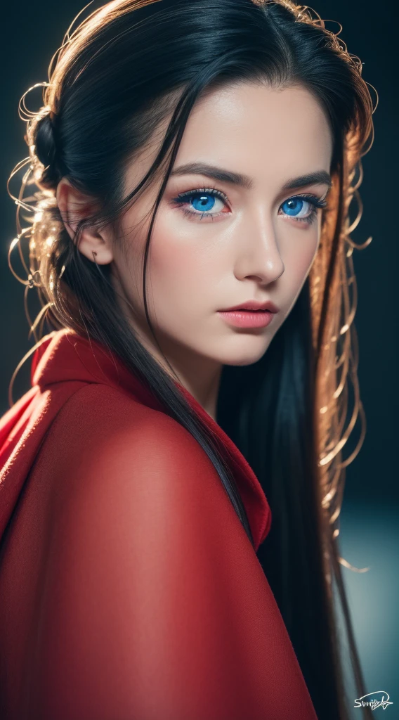 (Best quality,4K,8K,A high resolution,Masterpiece:1.2),Ultra-detailed,(Realistic,Photorealistic,photo-realistic:1.37),beautiful detailed blue eyes,Long black hair in a high bun,Detailed red veil,Portrait,Sharp focus,professional,Vivid colors,Dark background,Studio lighting