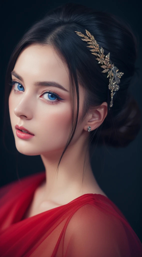 (Best quality,4K,8K,A high resolution,Masterpiece:1.2),Ultra-detailed,(Realistic,Photorealistic,photo-realistic:1.37),beautiful detailed blue eyes,Long black hair in a high bun,Detailed red veil,Portrait,Sharp focus,professional,Vivid colors,Dark background,Studio lighting