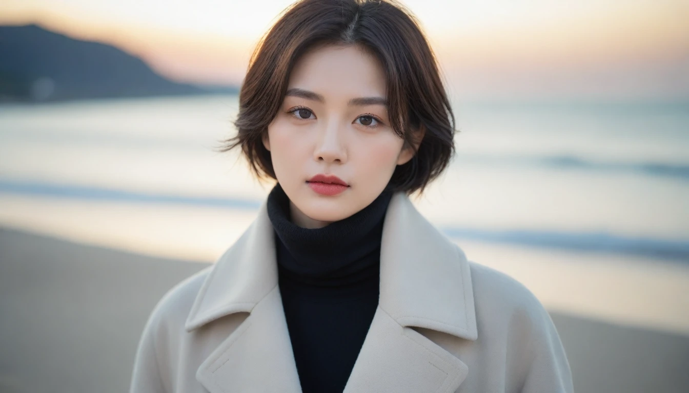8K, 超high resolution, best quality, masterpiece, surreal, painting,A three-part method, 성숙한 1 woman, (36 years old:1.3), Pretty Woman, Cute face, Beautiful Eyes in Every Detail,Japanese female announcer,(Wearing a winter long coat and scarf that shows the waist、Close-up of thin black double-sided updo:1.5)、(The girl turned around with a very sad expression., Her hair blowing in the wind on a winter beach:1.5)、(blurred background:1.5)、(red sky at sunset:1.5)、(complete anatomy:1.5)、(full hand:1.3)、(full finger:1.3)、realistic、生painting、tabletop、best quality、high resolution、delicate and beautiful、perfect face、beautiful details、fair skin、real human skin、((thin legs))、bold pose,Super cute supermodel、Please look closely at the camera 、vivid details、detailed、surreal、빛과 painting자,strong light,fashion magazine cover,thin lips, Short hair,1 woman, up to the waist, 성숙한 1 woman