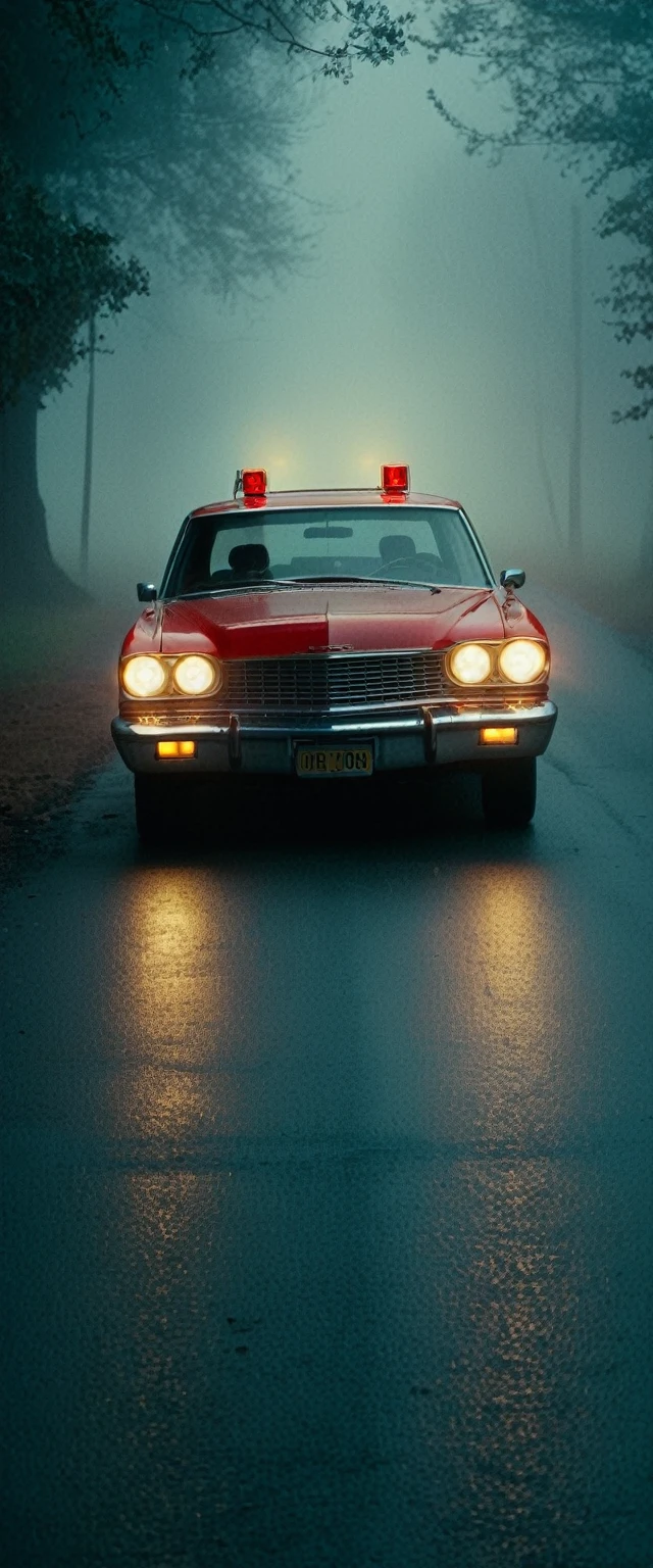 cinematic film still of  In the 1980's a christine red car with headlights on in a foggy area in a scene from a horror christine movie,no humans,ground vehicle,motor vehicle,car,vehicle focus , realistic,realism, detailed, perfection,perfect,filmic,retro,vintage,classic,different haircut,different look,different style,different people, 1980's style , 1980 style, shallow depth of field, vignette, highly detailed, high budget, bokeh, cinemascope, moody, epic, gorgeous, film grain, grainy