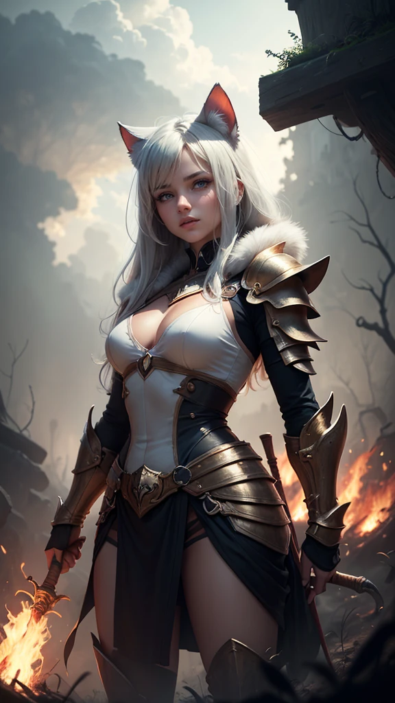 Cat girl with silky white fur with brown spots, standing alone in burning forest, wearing dented copper metal futuristic armor, casting a fireball spell with right hand extended and left hand holding a magic staff, dark foggy raining, sun blocked by clouds, vintage photography, Realistic face, Realistic eyes, Detailed face, beautiful, anime aesthetic, hd photography,